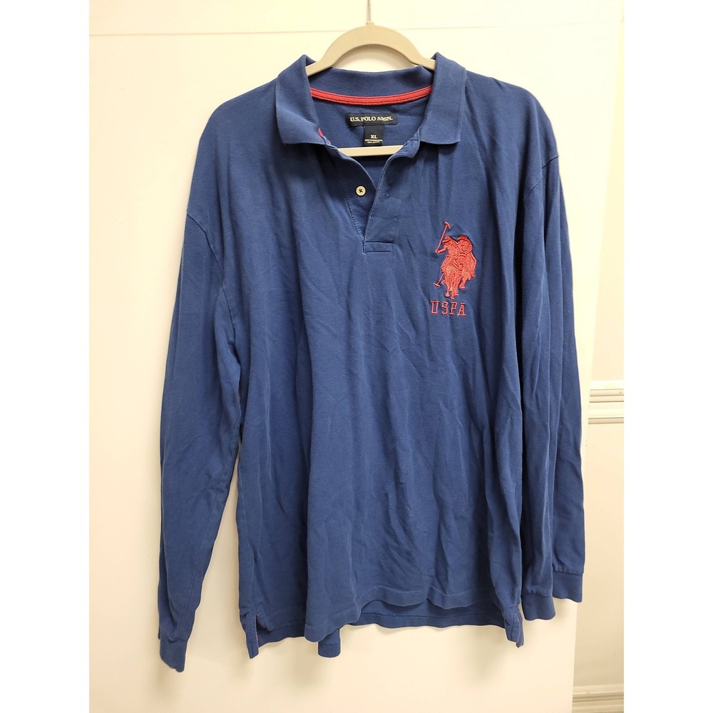 US Polo Assn Long Sleeve Polo Shirt Mens XL Blue Red Trim Accents Number 3‎